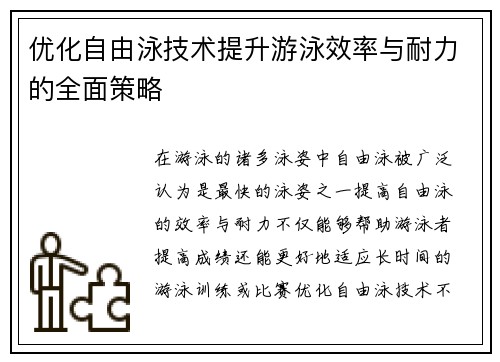 优化自由泳技术提升游泳效率与耐力的全面策略